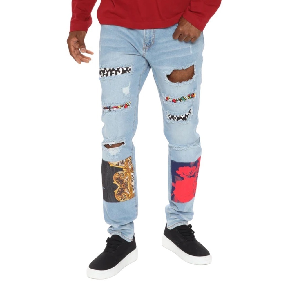 Fashion Nova Men Medium Wash Blue Big Time Patchwork Skinny Jeans Size 38